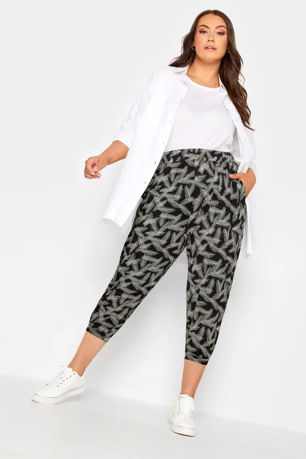 Yours Curve Black Stripe Print Cropped Harem Joggers, Women's Curve & Plus Size, Yours