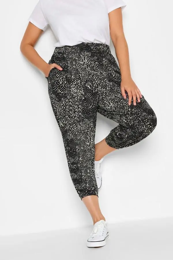 Yours Curve Black Mixed Animal Print Cropped Harem Joggers, Women's Curve & Plus Size, Yours