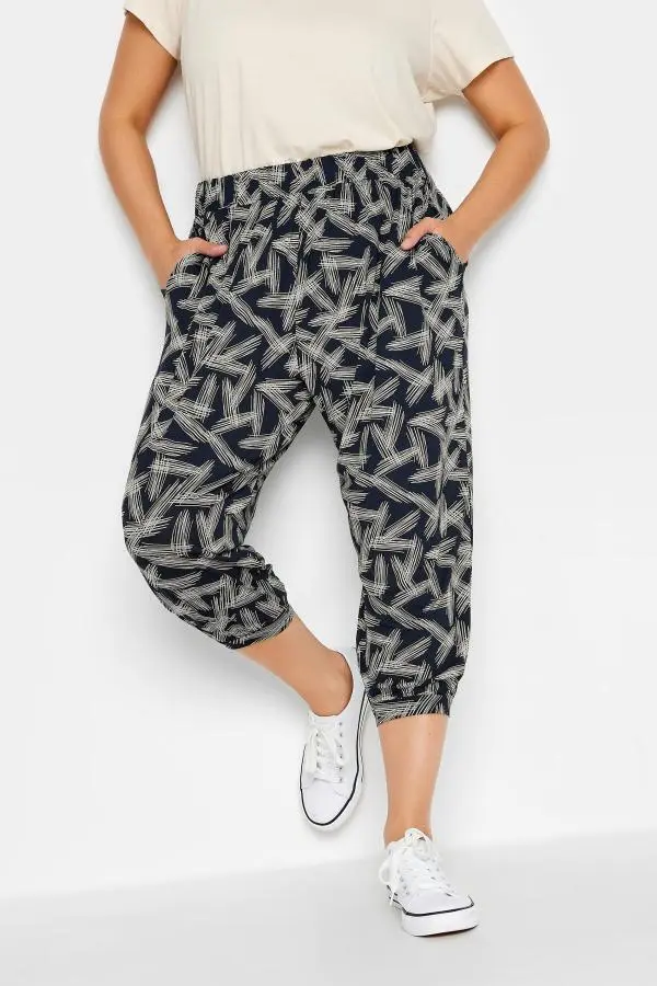 Yours Curve Navy Blue Stripe Print Cropped Harem Joggers, Women's Curve & Plus Size, Yours