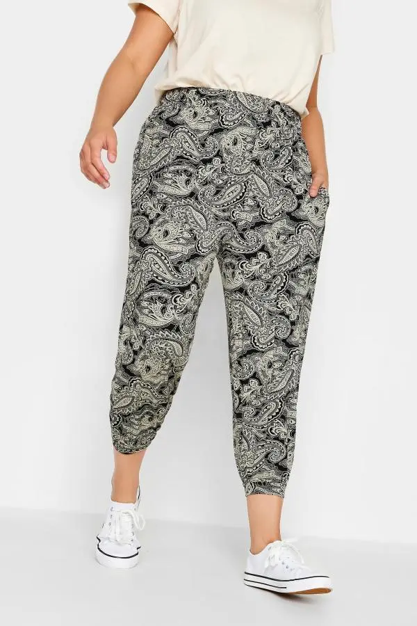 Yours Curve Black Paisley Print Cropped Harem Joggers, Women's Curve & Plus Size, Yours