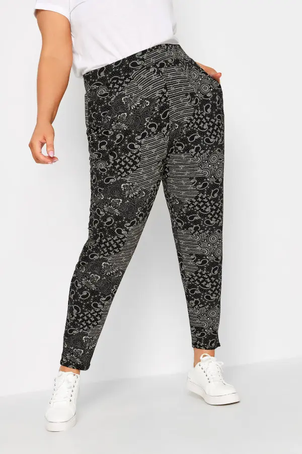 Yours Curve Black Mixed Print Double Pleat Harem Trousers, Women's Curve & Plus Size, Yours