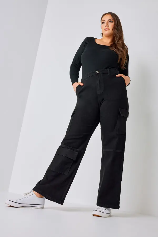 Yours Curve Black Wide Leg Pocket Cargo Trousers, Women's Curve & Plus Size, Yours