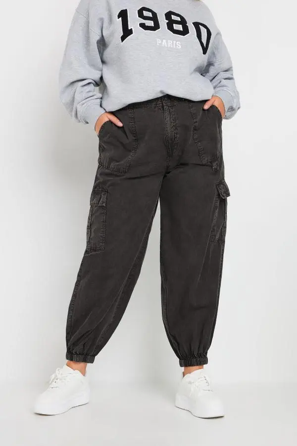 Yours Curve Black Acid Wash Cargo Trousers, Women's Curve & Plus Size, Yours