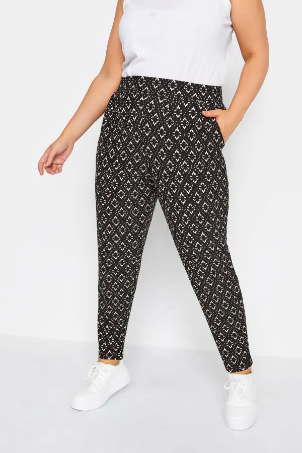 Yours Curve Black Abstract Print Double Pleat Harem Trousers, Women's Curve & Plus Size, Yours