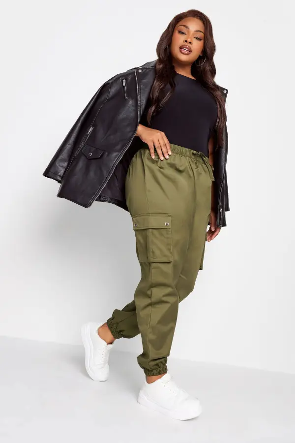 Yours Curve Khaki Green Cuffed Cargo Trousers, Women's Curve & Plus Size, Yours