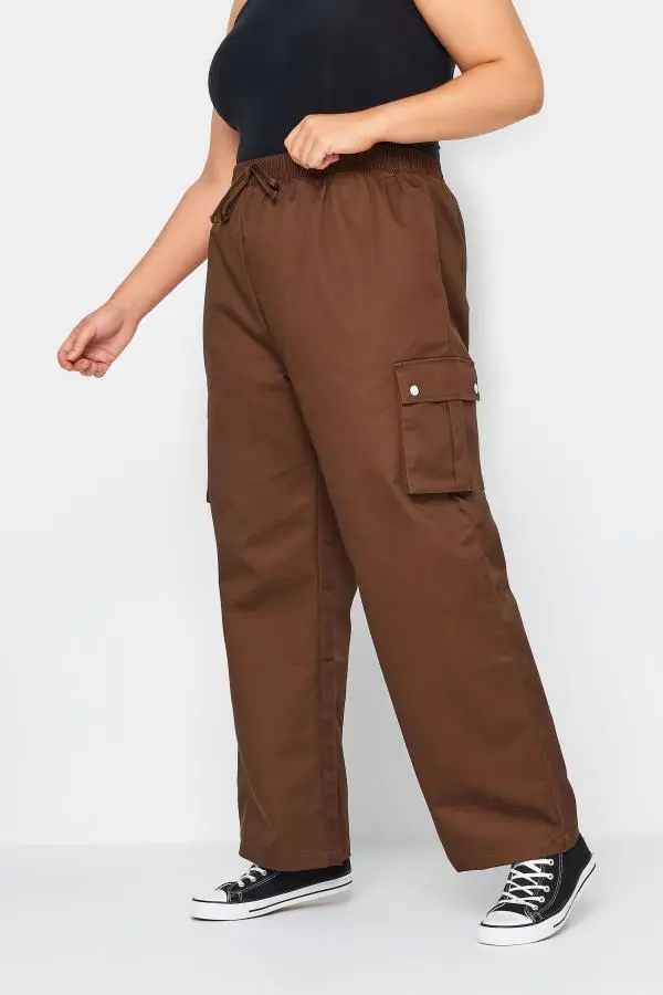 Yours Curve Brown Wide Leg Woven Cargo Trousers, Women's Curve & Plus Size, Yours