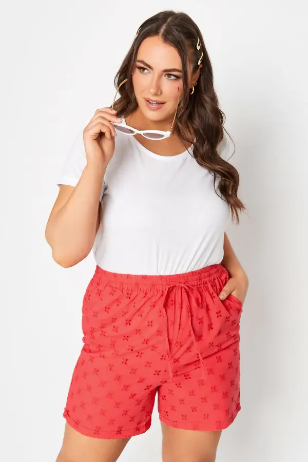 Limited Collection Curve Coral Orange Broderie Anglaise Shorts, Women's Curve & Plus Size, Limited Collection