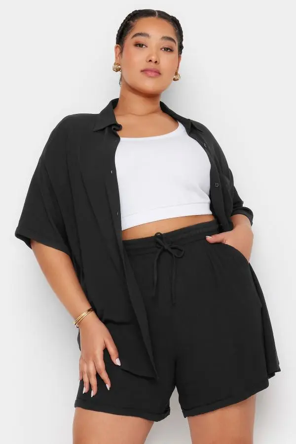 Yours Curve Black Crinkle Tie Drawstring Shorts, Women's Curve & Plus Size, Yours