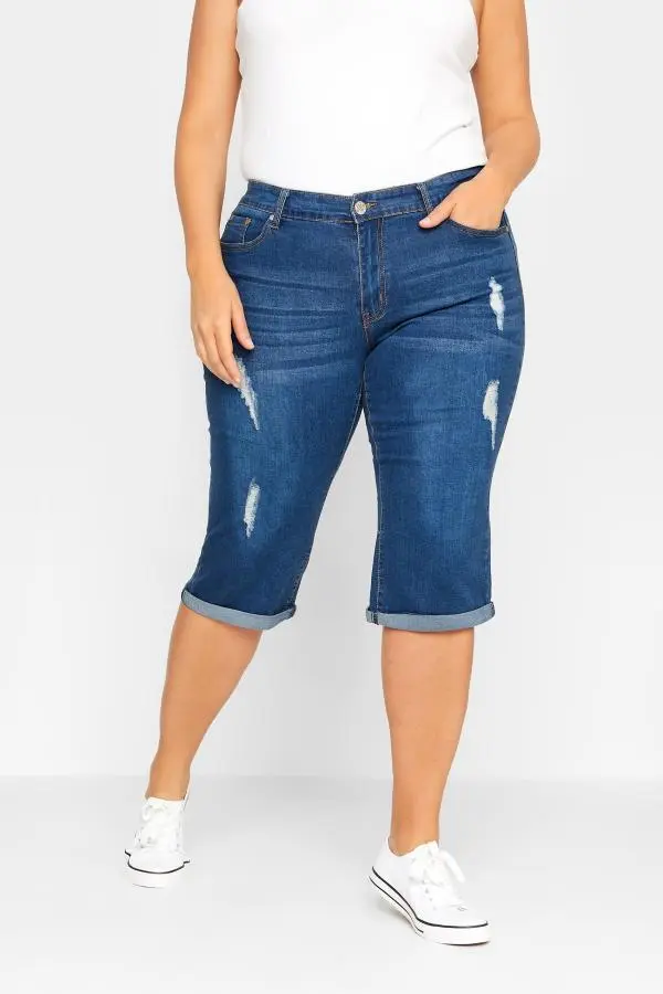 Yours Curve Blue Distressed Denim Capri Shorts, Women's Curve & Plus Size, Yours