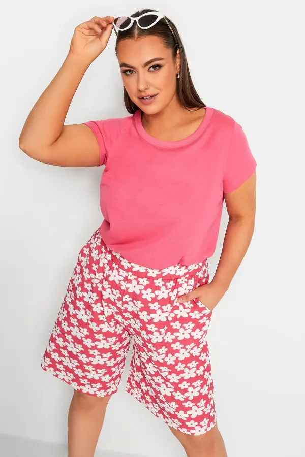 Yours Curve Pink & White Floral Print Pull On Shorts, Women's Curve & Plus Size, Yours