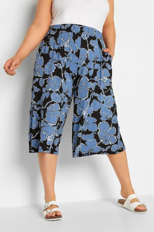 Yours Curve Black Leaf Print Culottes, Women's Curve & Plus Size, Yours