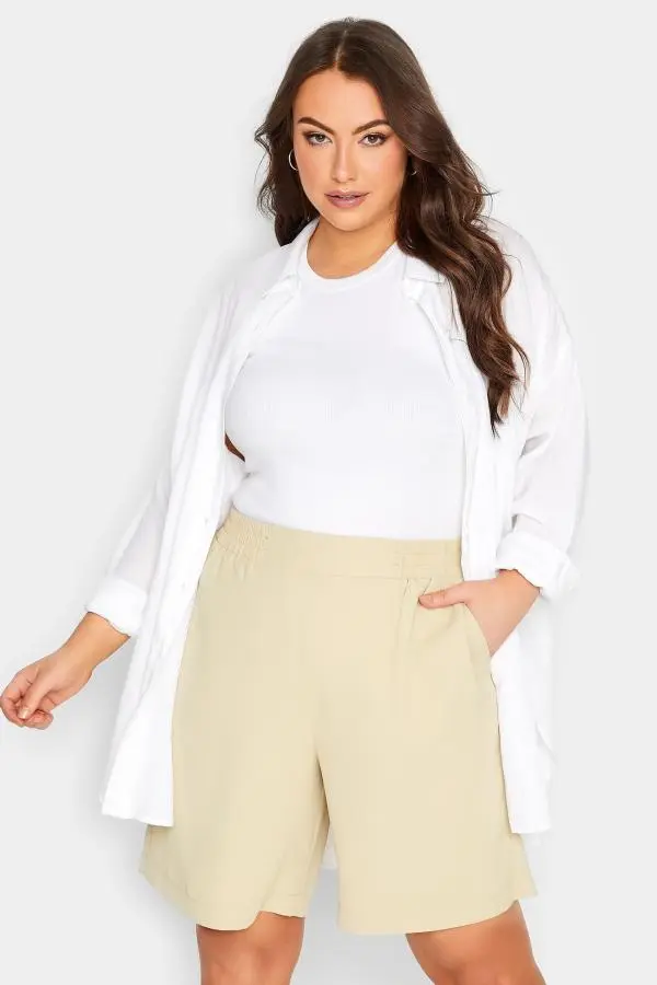 Yours Curve Stone Brown Elasticated Waist Pull On Shorts, Women's Curve & Plus Size, Yours