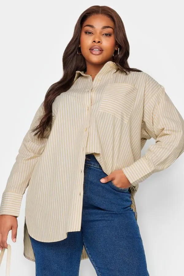 Limited Collection Curve Beige Brown Striped Shirt, Women's Curve & Plus Size, Limited Collection