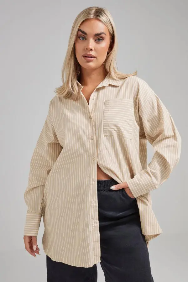 Limited Collection Curve Beige Brown Striped Shirt, Women's Curve & Plus Size, Limited Collection