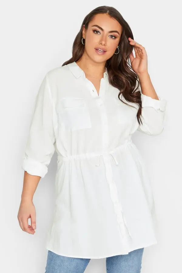 Yours Curve White Utility Tunic Linen Shirt, Women's Curve & Plus Size, Yours