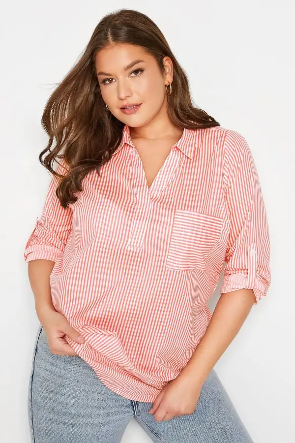 Yours Curve Pink Stripe Placket Shirt, Women's Curve & Plus Size, Yours