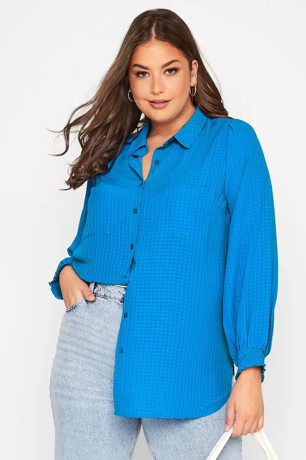 Yours Curve Blue Shirred Cuff Button Through Blouse, Women's Curve & Plus Size, Yours