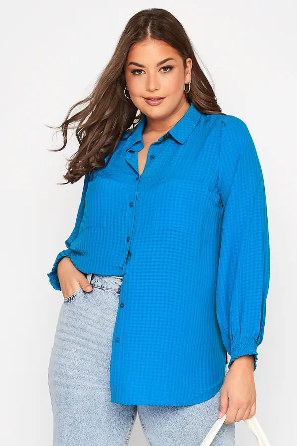 Yours Curve Blue Shirred Cuff Button Through Blouse, Women's Curve & Plus Size, Yours