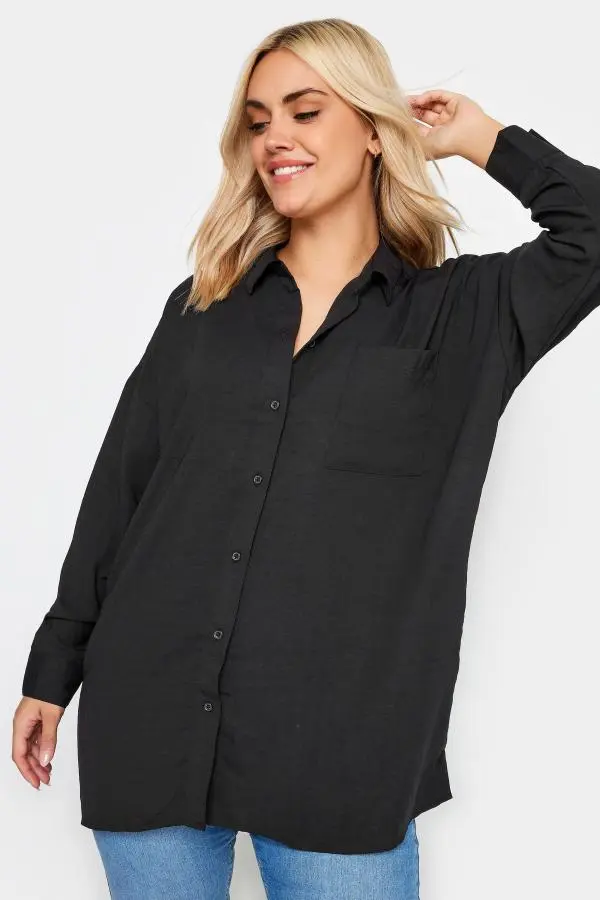 Yours Curve Black Textured Boyfriend Shirt, Women's Curve & Plus Size, Yours