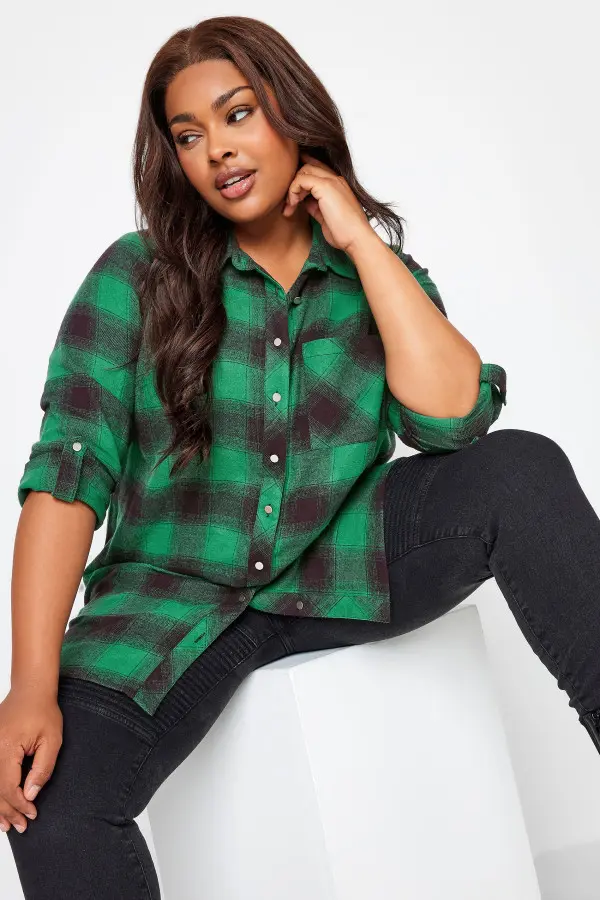 Yours Curve Forest Green Check Print Boyfriend Shirt, Women's Curve & Plus Size, Yours