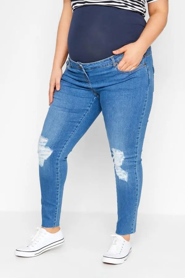 Bump It Up Maternity Curve Light Blue Ripped Stretch Ava Jeans With Comfort Panel, Women's Curve & Plus Size, Bump It Up