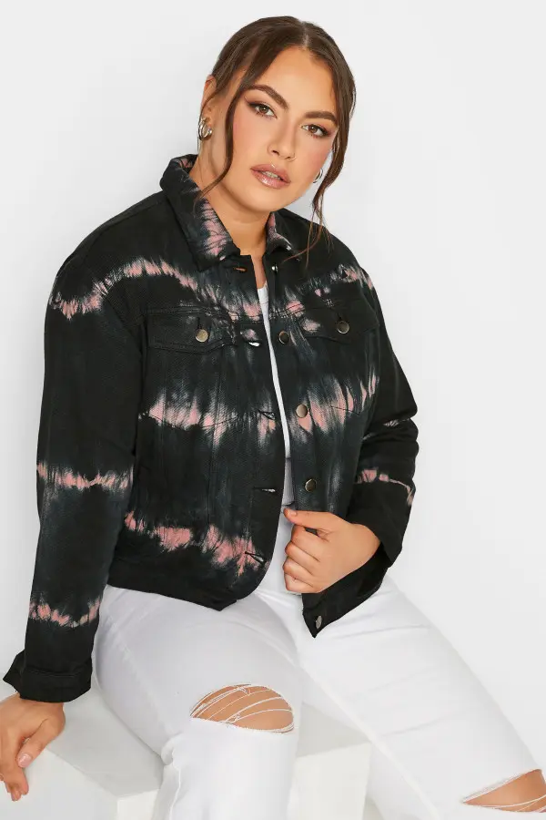 Limited Collection Curve Black Tie Dye Denim Jacket, Women's Curve & Plus Size, Limited Collection