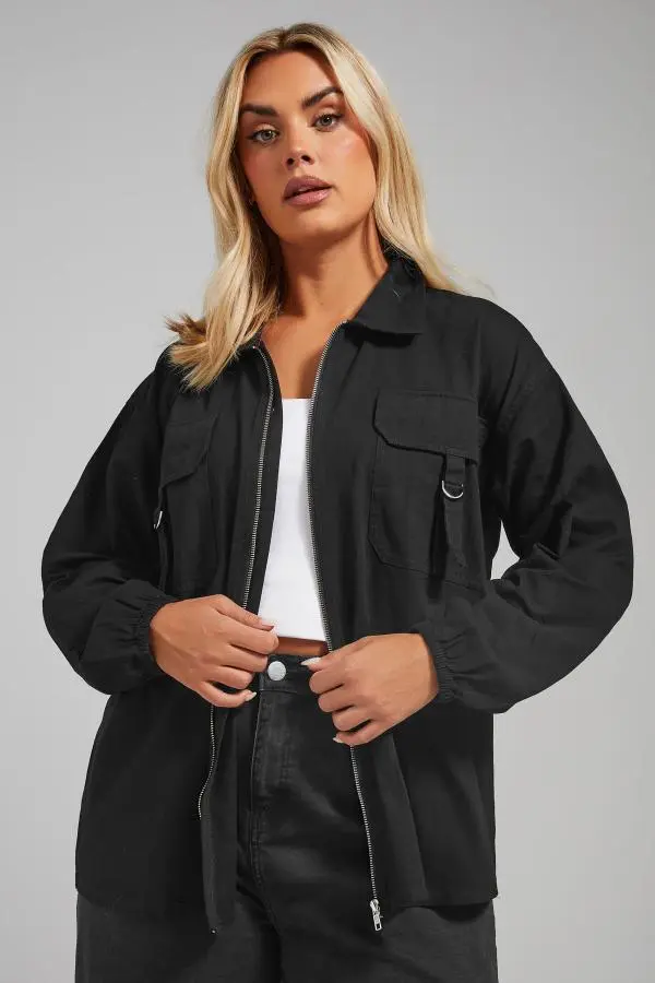 Limited Collection Curve Black Utility Shacket Jacket, Women's Curve & Plus Size, Limited Collection