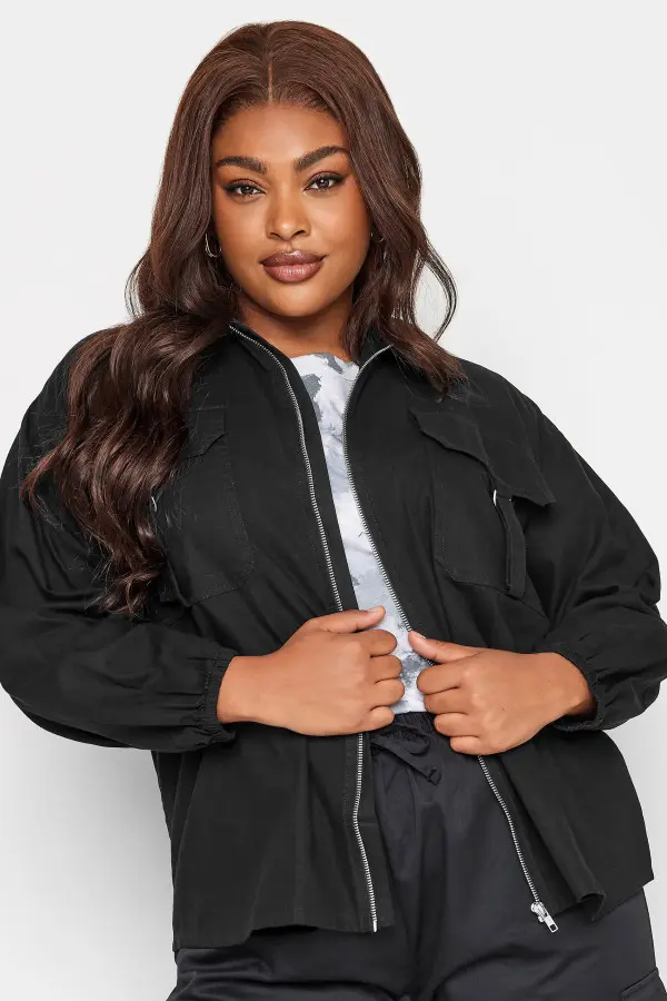 Limited Collection Curve Black Utility Shacket Jacket, Women's Curve & Plus Size, Limited Collection