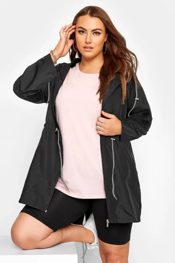 Yours Curve Black Contrast Drawstring Pocket Parka, Women's Curve & Plus Size, Yours