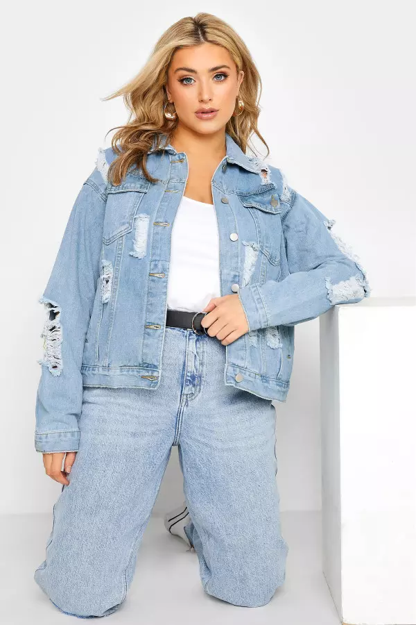 Final Sale Plus Size Distressed Fringe Crop Jacket in Medium Blue Deni –  Chic And Curvy