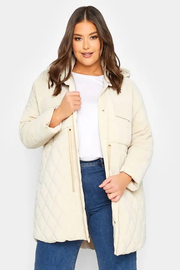 Yours Curve Cream Shirred Waist Padded Coat, Women's Curve & Plus Size, Yours