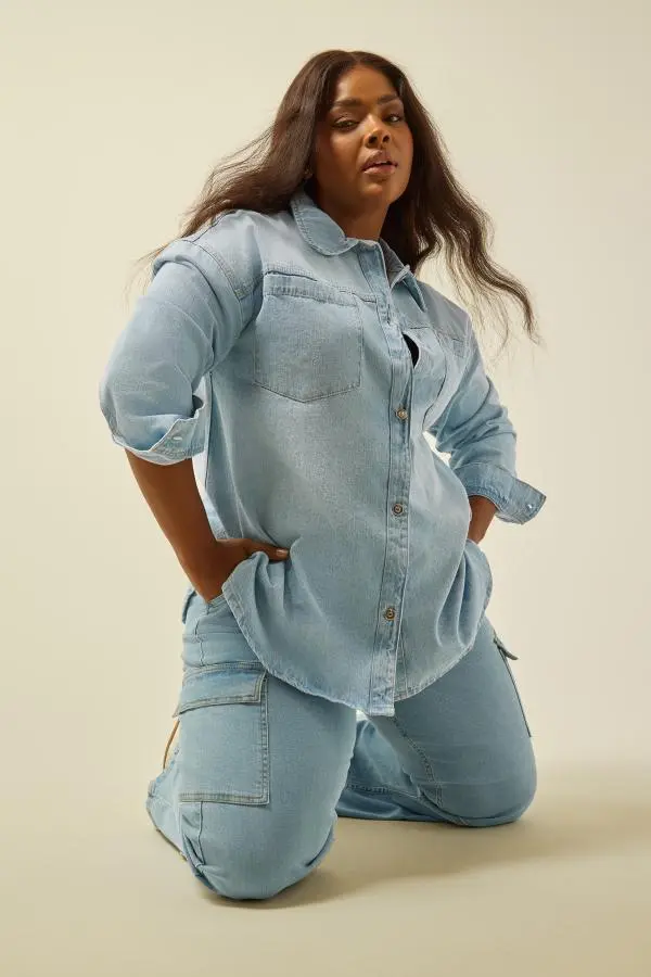 Yours Curve Light Blue Denim Western Style Shacket, Women's Curve & Plus Size, Yours