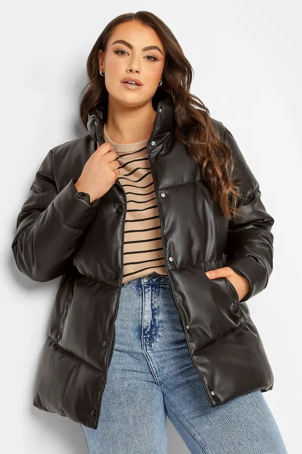 Yours Curve Black Faux Leather Puffer Jacket, Women's Curve & Plus Size, Yours