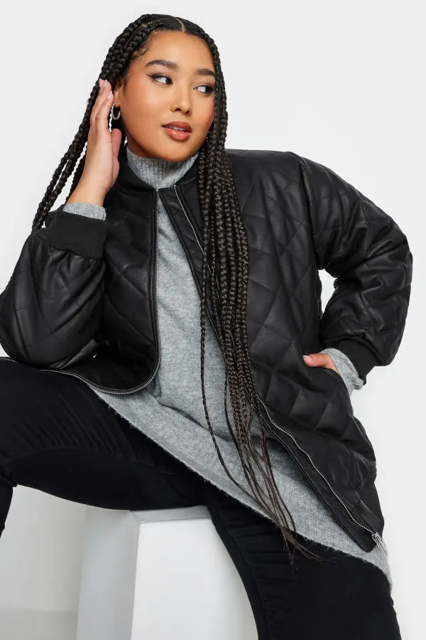 Yours Curve Black Quilted Faux Leather Bomber Jacket, Women's Curve & Plus Size, Yours