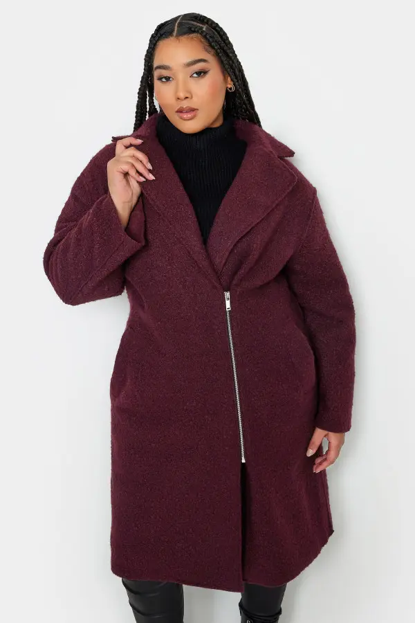 Yours Curve Berry Red Boucle Biker Coat, Women's Curve & Plus Size, Yours