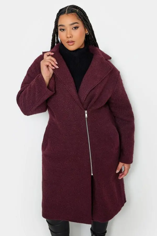 Yours Curve Burgundy Red Boucle Biker Coat, Women's Curve & Plus Size, Yours