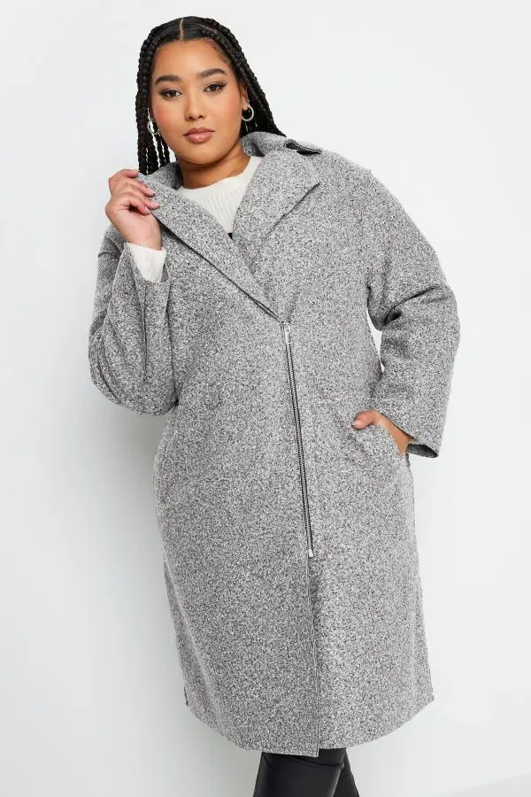 Yours Curve Grey Boucle Biker Coat, Women's Curve & Plus Size, Yours