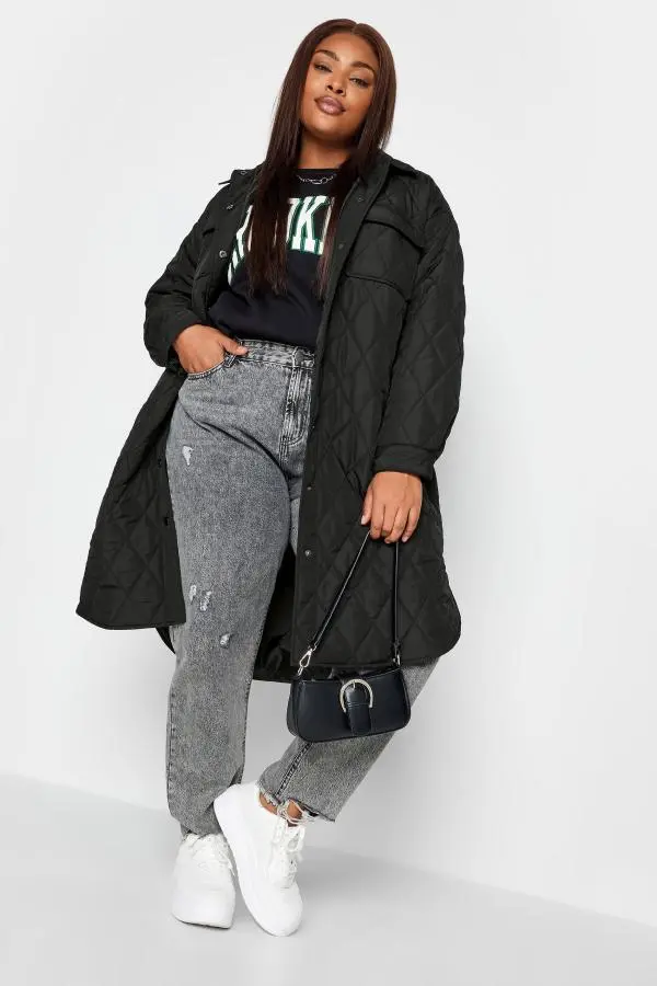 Yours Curve Black Longline Quilted Jacket, Women's Curve & Plus Size, Yours