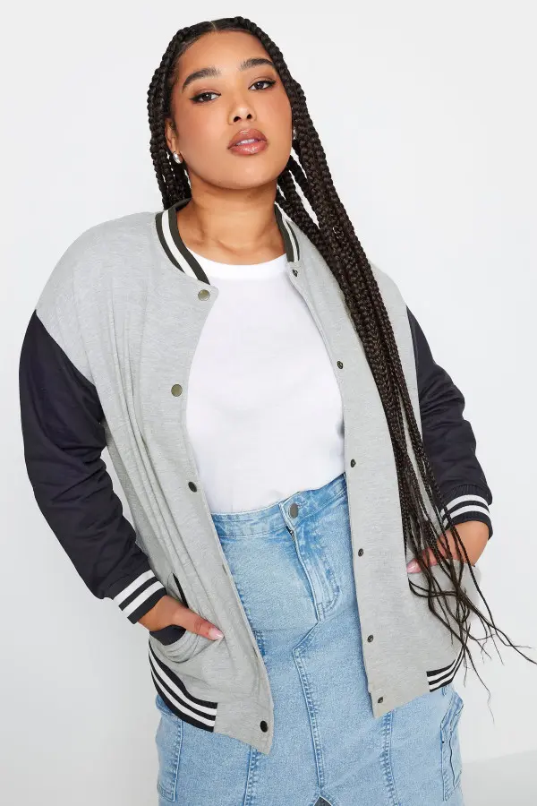 Yours Curve Grey & Navy Blue Bomber Jacket, Women's Curve & Plus Size, Yours