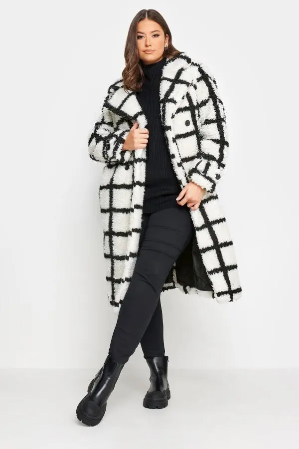 Yours Curve White & Black Check Teddy Maxi Coat, Women's Curve & Plus Size, Yours