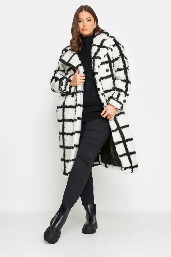 Yours Curve White & Black Check Teddy Maxi Coat, Women's Curve & Plus Size, Yours