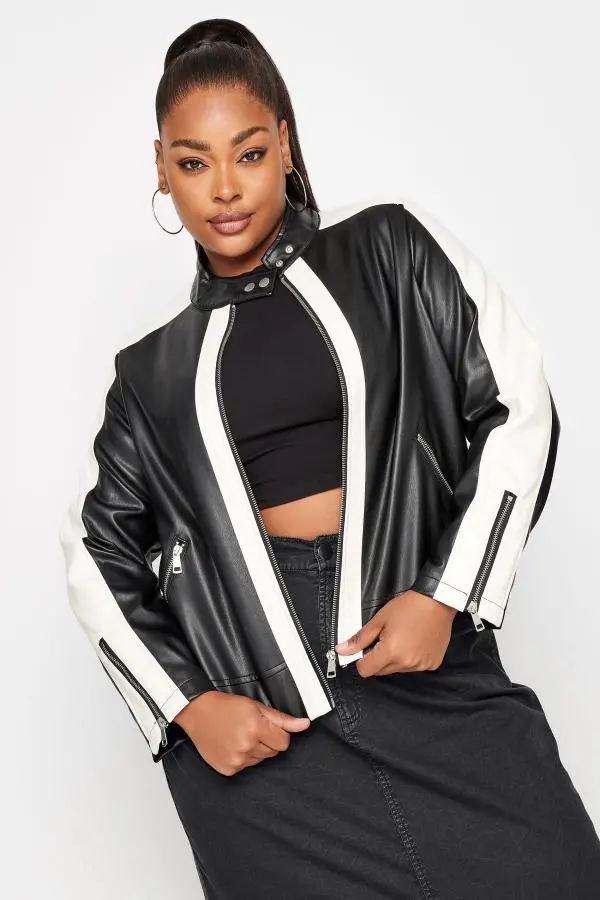 Yours Curve Black Faux Leather Contrast Stripe Biker Jacket, Women's Curve & Plus Size, Yours