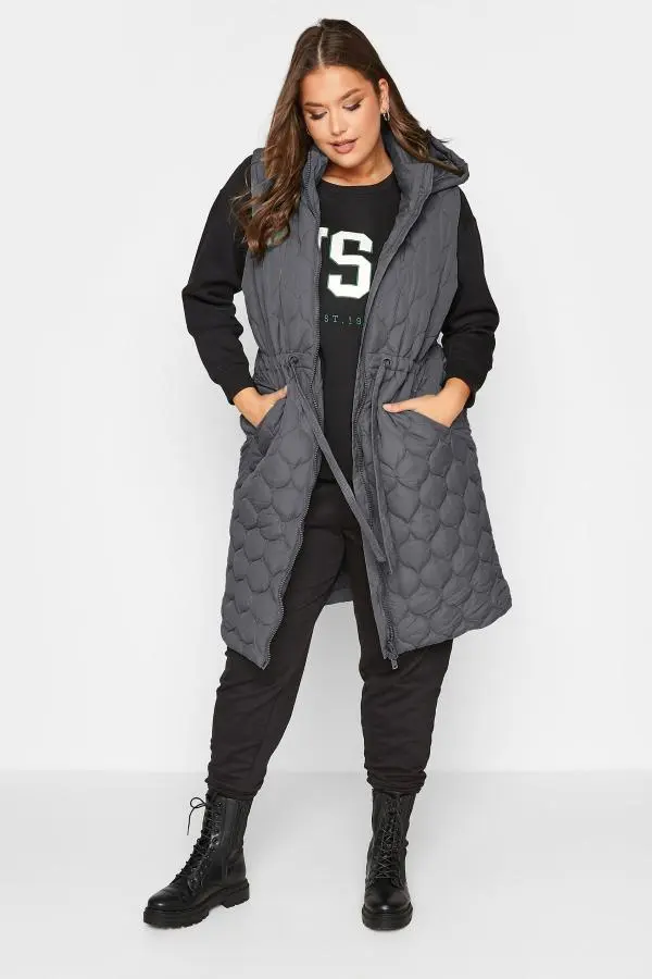 Yours Curve Grey Quilted Midi Hooded Gilet, Women's Curve & Plus Size, Yours