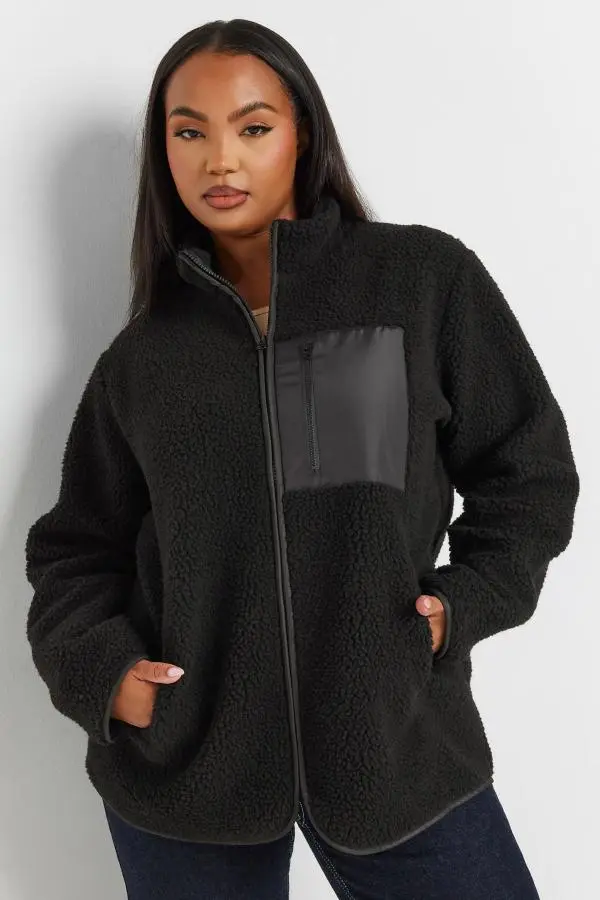 Yours Curve Black Pocket Teddy Fleece Jacket, Women's Curve & Plus Size, Yours