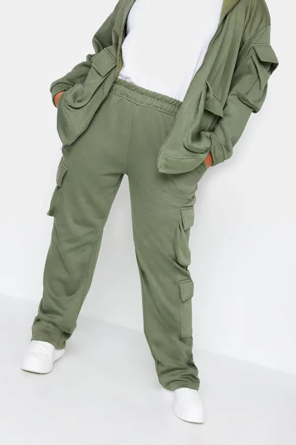 Yours Curve Khaki Green Straight Leg Cargo Joggers, Women's Curve & Plus Size, Yours