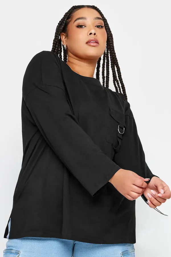 Limited Collection Curve Black Utility Pocket Long Sleeve Tshirt, Women's Curve & Plus Size, Limited Collection