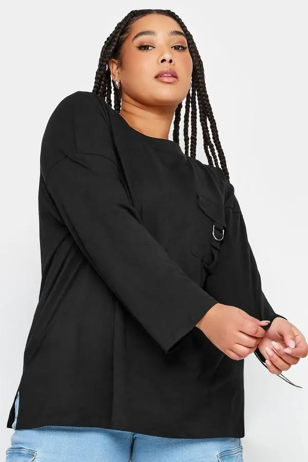 Yours Curve Black Utility Pocket Long Sleeve Tshirt, Women's Curve & Plus Size, Yours