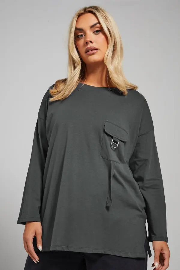 Limited Collection Curve Charcoal Grey Utility Pocket Long Sleeve Tshirt, Women's Curve & Plus Size, Limited Collection