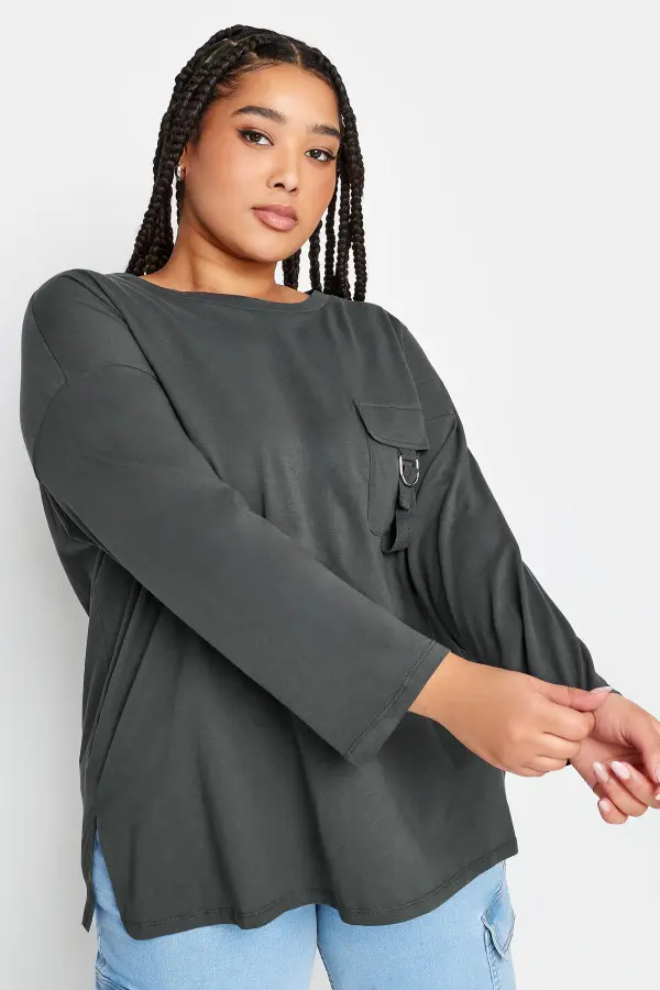 Limited Collection Curve Charcoal Grey Utility Pocket Long Sleeve Tshirt, Women's Curve & Plus Size, Limited Collection