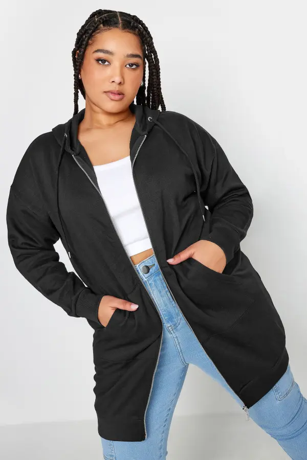 Yours Curve Black Longline Zip Hoodie, Women's Curve & Plus Size, Yours